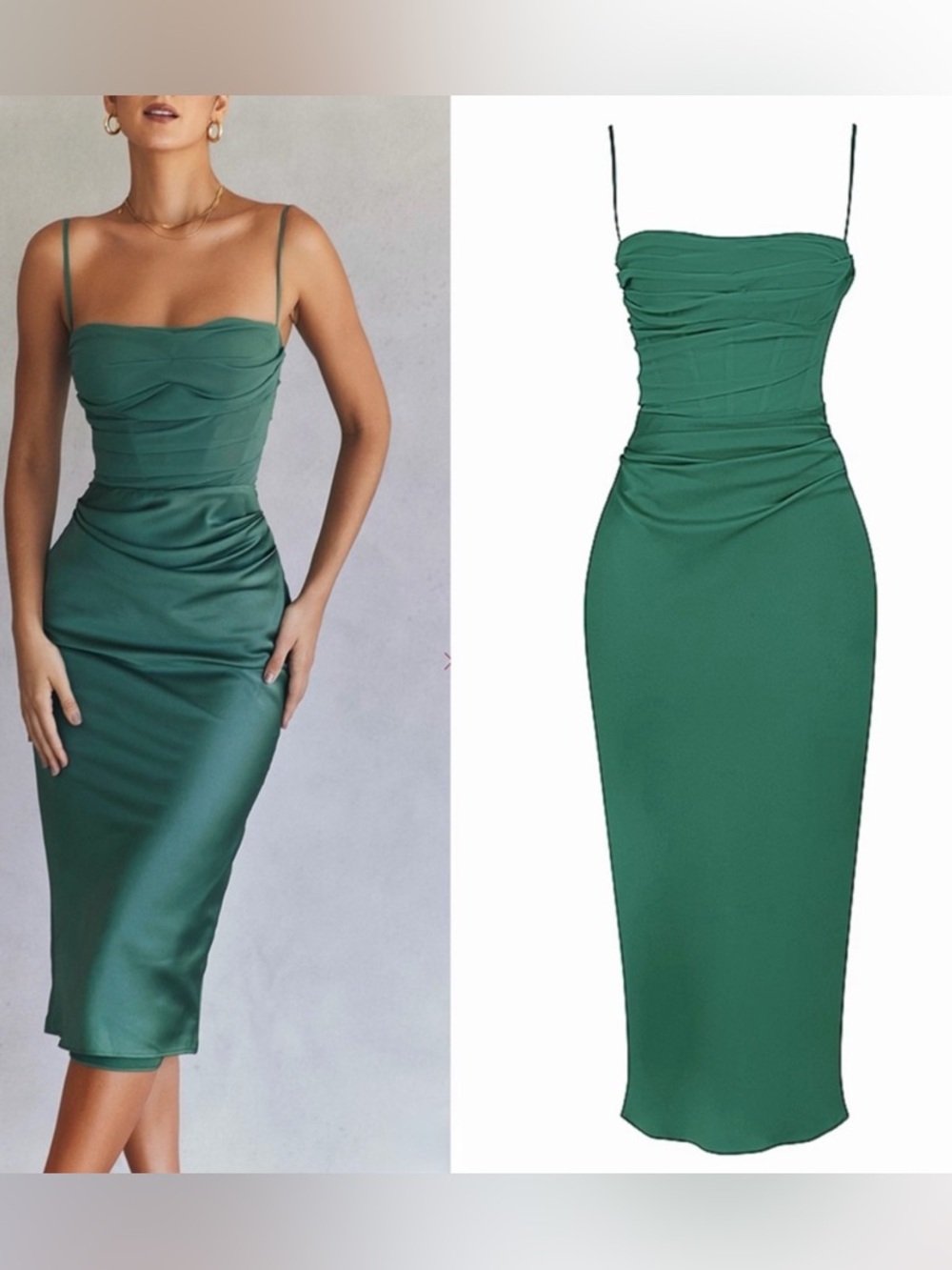 House of CB Emerald Ruched Midi Dress with Spaghetti Straps
